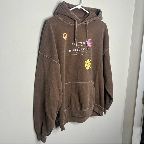 Pacsun Mindfulness Everyday Only Human Knit Brown Drawstring Pullover Hoodie Lg - Picture 3 of 10